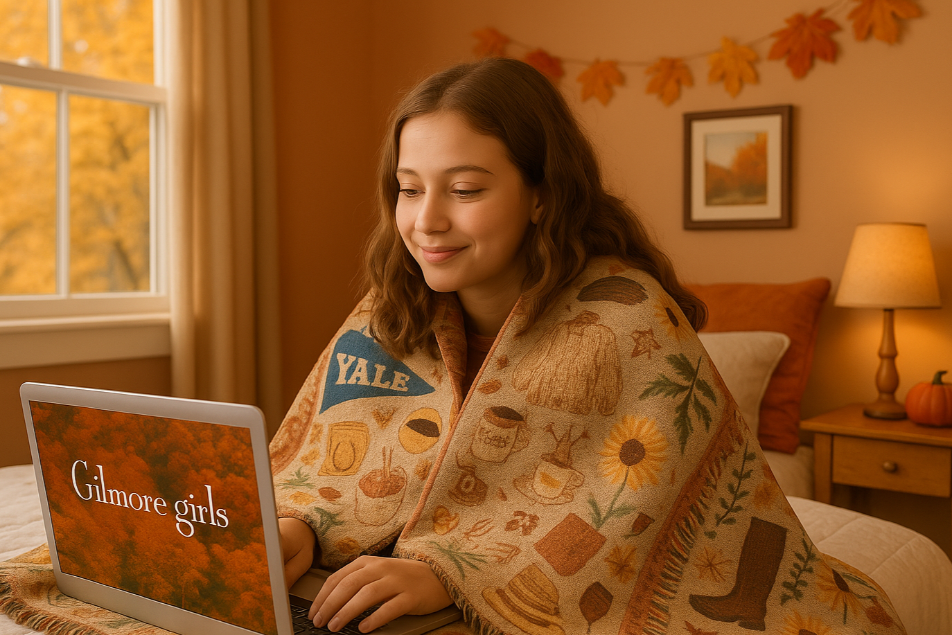 Woman sitting on a bed with a blanket, using a laptop with 'Gilmore Girls' on the screen, in a cozy room with autumn decorations.